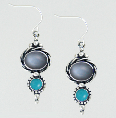 Sterling Silver Drop Dangle Earrings With Grey Moonstone And Turquoise